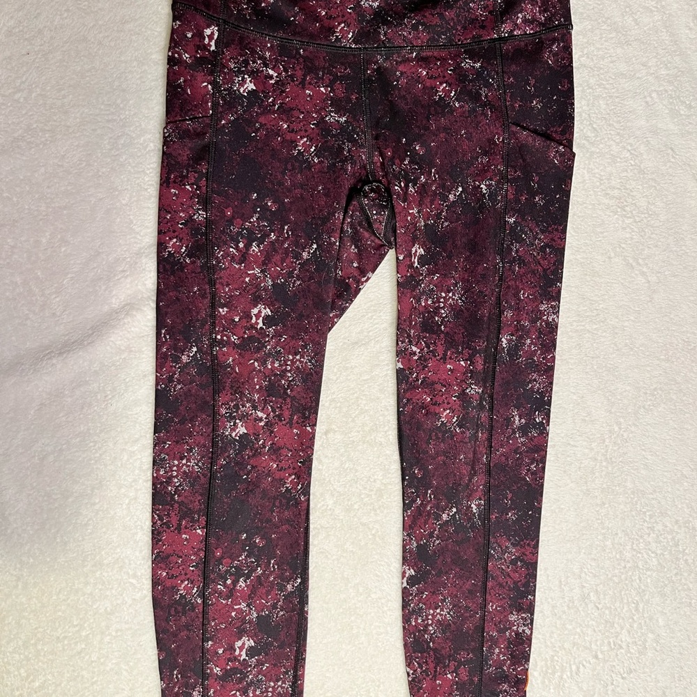 Lucy Activewear Burgundy Abstract High Rise Leggings Side Pockets Women’s M